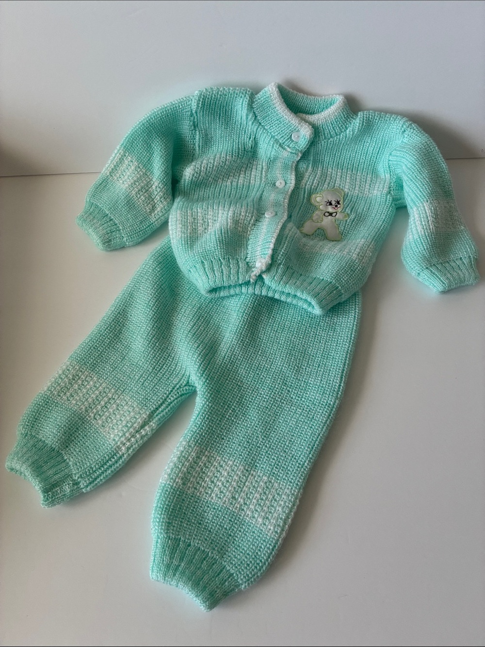 Mint Green Knit Matching Set with Bear Patch - Kids Unisex